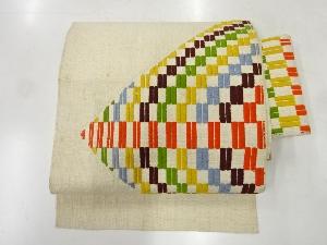 アンティーク　手織り紬抽象模様織出し作り帯